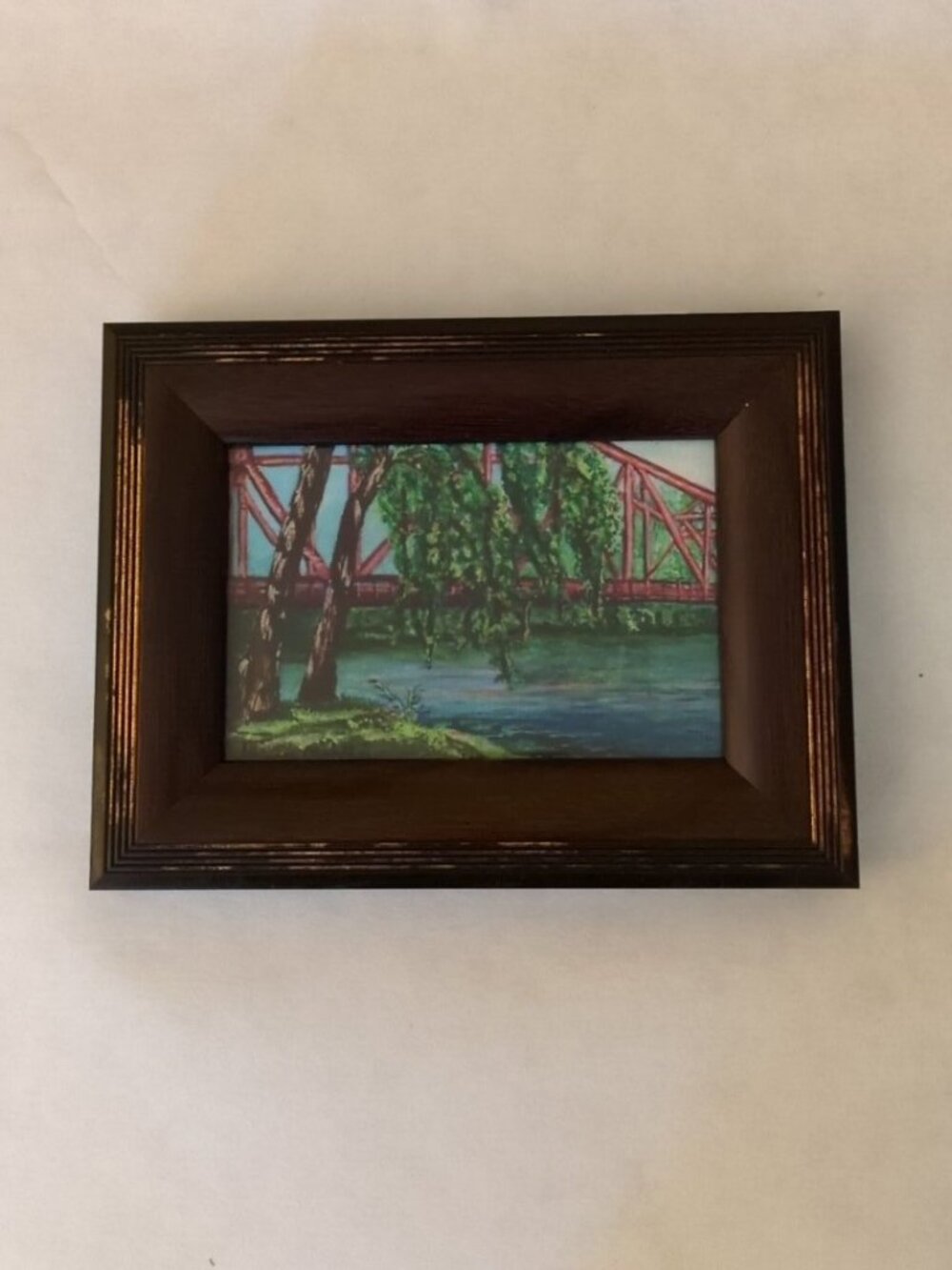 Sharon Morthier Signed Landscape Art Print Red Steel Bridge River Framed Decor